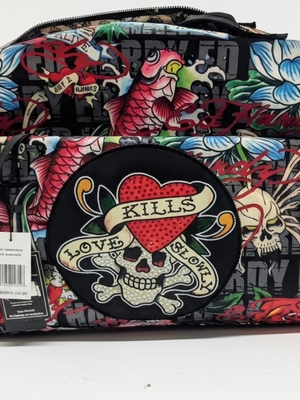 EdHardy Tattoo-Print Skull Heart Crossbody Bag in Red and Black